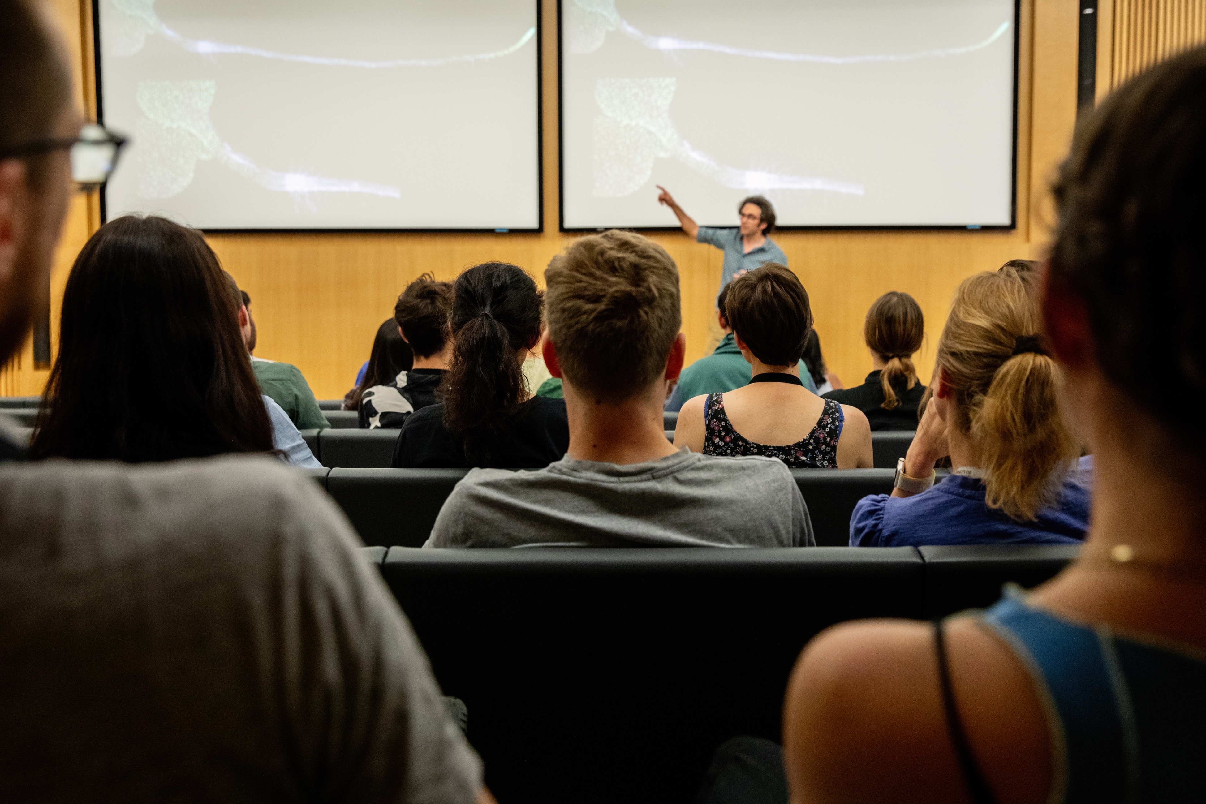 View from behind students in a lecture theatre with lecturer pointing to screens at the front.